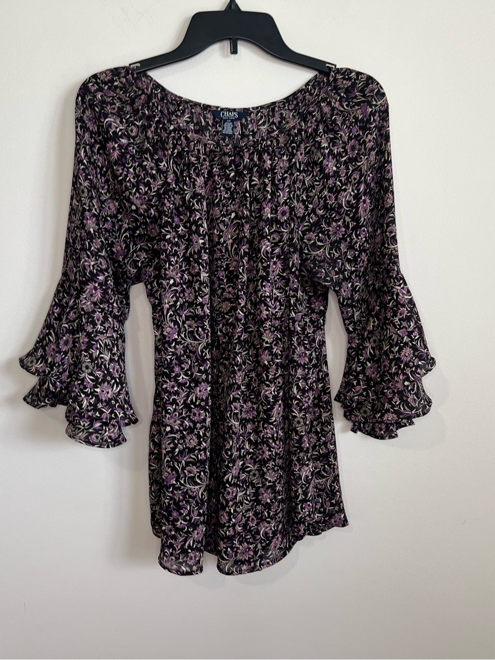 Chaps Black & Lavender Floral Ruffle-Sleeve Blouse